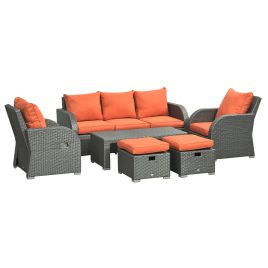 6pc Outdoor Rattan Wicker Furniture Set with 3-Seat Sofa, 2 Single Sofas, 2 Footstools and Coffee Table - Orange