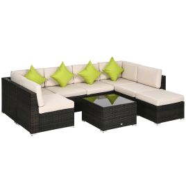 8 Pieces PE Rattan Corner Sofa Set, Garden Furniture Set, Patio Wicker Sofa Seater w/ Cushion, Cushion Cover & Tempered Glass Table, Brown