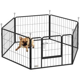 PAWSTER 6 Panels Dog Playpen, Portable Detachable Puppy Pen with Door, for Small Dogs, 60cm High, Black