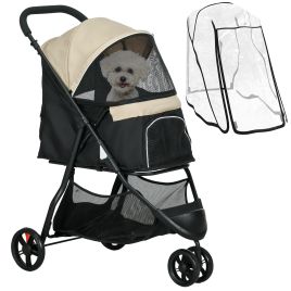 Foldable Pet Stroller with Rain Cover for XS and S-Sized Dogs Khaki