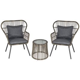 2 Seater Outdoor Patio Bistro Set, Wicker Rattan Furniture 2 Chairs 1 Coffee Table with Metal Legs for Garden, Backyard, Deck, Grey