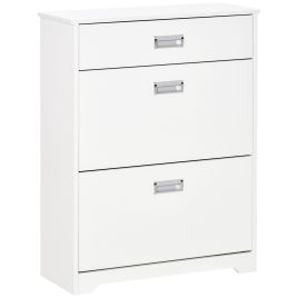 Tipping Shoe Cabinet Storage Rack Entryway Organizer with 2 Pull-Down Doors and Drawer Adjustable Shelf for Hallway Porch Narrow Space White