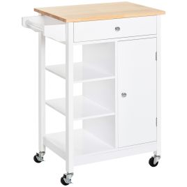 Kitchen Storage Trolley Unit w/ Wood Top 3 Shelves Cupboard Drawer Rail 4 Wheels Handles Moving Shelf Handy Spacesaver White
