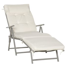 Outdoor Patio Sun Lounger Garden Texteline Foldable Reclining Chair Pillow Adjustable Recliner with Cushion - Cream White