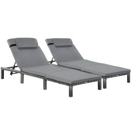 2 Pieces Outdoor PE Rattan Sun Loungers set of 2 with Cushion, Garden Wicker Sunbed Furniture with 5-Level Recliner Backrest, Grey
