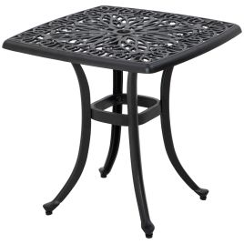 Cast Aluminium Bistro Table, Outdoor Square Side Table with Umbrella Hole, Garden Table for Balcony, Poolside, Black