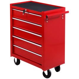 5 Drawer Tool Chest on Wheels, Lockable Steel Tool Trolley with Side Handle for Workshop, Garage, Red