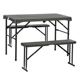 SUNVISTA Folding Picnic Table with 2 Benches, 3-Piece Portable Garden Furniture Set for 4, Dining Table Set with Plastic Top, Steel Frame, Dark Grey