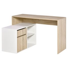 L-Shaped Corner Computer Desk Study Table PC Work w/ Storage Shelf Drawer Office, Oak and White
