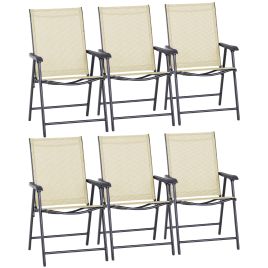 Set of 6 Folding Garden Chairs, Metal Frame Garden Chairs Outdoor Patio Park Dining Seat with Breathable Mesh Seat, Beige