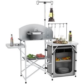 Camping Kitchen with Storage Cupboard, Folding Camping Table, Aluminium Portable Picnic Table with Windshield, Light Stand, Carrying Bag for BBQ, Silver