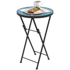 SUNVISTA Mosaic Outdoor Garden Table, 35.5cm Round Folding Coffee Table with Metal Frame for Balcony Terrace, Blue