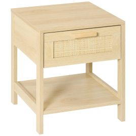 Bedside Table - ECHO Nightstand with Rattan Drawer and Storage Shelf Light Wood