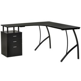 L-Shaped Computer Desk Table with Storage Drawer Home Office Corner Industrial Style Workstation, Black