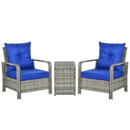 3 pcs PE Rattan Wicker Garden Furniture Patio Bistro Set Weave Conservatory Sofa Storage Table and Chairs Set Blue Cushion Grey Wicker