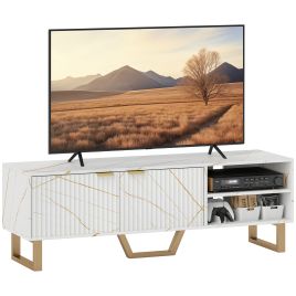 HERON Marble TV Stand, Fluted Door, Cable Management, Cabinet for up to 70 Inch TV, White