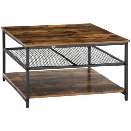 Industrial Coffee Table, Square Cocktail Table with 3-Tier Storage Shelves for Living Room, Rustic Brown