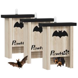 PAWSTER 3PCs Wooden Bat Boxes, Bat Houses Designed to Attract Bats & Easy to Hang for Outdoor, Garden, Farm, 18 x 6 x 22.5 cm