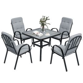 5 Pieces Garden Dining Set, Outdoor Square Dining Table and 4 Cushioned Armchairs, Tempered Glass Top Table w/ Umbrella Hole Black