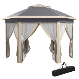 Hexagon Pop Up Gazebo Outdoor Patio Gazebo Double Roof Instant Shelter with Netting, 3 x 4m, Khaki