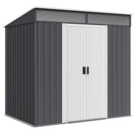 6.5 x 4FT Galvanised Metal Shed with Foundation, Lockable Tool Garden Shed with Double Sliding Doors and 2 Vents, Grey