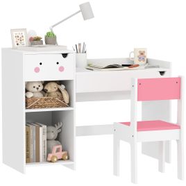AIVAGO Rabbit Themed Kids Desk and Chair Set with Bookcase, Drawers, Storage Shelves, for 3-6 Years, White