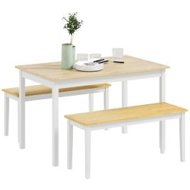 HERON Dining Table and Bench Set, Farmhouse Wooden Frame for Kitchen & Dining - Natural/White