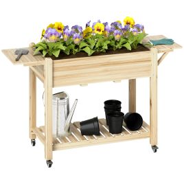 SUNVISTA Raised Garden Bed, Wooden Elevated Planter Box with Lockable Wheels, Side Tables and Bottom Shelf, Natural