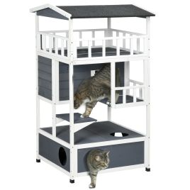 Cats Fir Wood 3-Tier Waterproof Play House Grey
