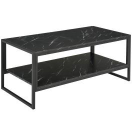 Two-Tier Laminate Marble Print Table Top Coffee Table w/ Metal Frame Foot Pads Elegant Modern Style 2 Shelves Home Display Storage Unit Black