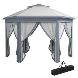 Hexagon Patio Gazebo Pop Up Gazebo Outdoor Double Roof Instant Shelter with Netting, 4m x 4m, Grey