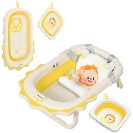 AIVAGO Foldable Baby Bath Tub Set with Bath Cushion, Wash Basin, Non-Slip Stand, Bottom, Yellow