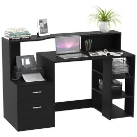 Computer Desk PC Table Modern Home Office Writing Workstation Furniture Printer Shelf Rack w/ Storage Drawer & Shelves (BLACK)