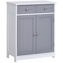 Bathroom Storage Cabinet Free-Standing Bathroom Cabinet Unit w/ 2 Drawers Cupboard Adjustable Shelf Metal Handles 75x60cm - Grey and White