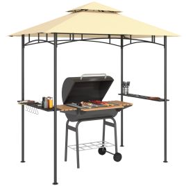 SUNVISTA 8' x 5' Grill Gazebo, Double Tiered BBQ Gazebo Shelter Canopy with LED Lights, 2 Side Shelves, Hooks, Beige
