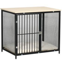 Dog Crate Furniture Side End Table with Soft Washable Cushion, Indoor Dog Kennel with Wire Mesh Wall, Wooden Top, for Medium Small Dogs