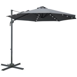 3(m) Square Outdoor Umbrella Patio Sun Umbrella with Crank & Tilt LED Solar Light Cross Base 360deg Rotating Outdoor, Dark Grey