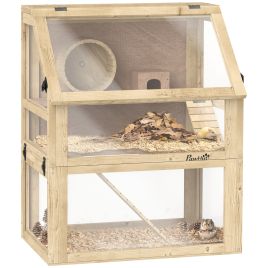 PAWSTER Wooden Hamster Cage with Detachable 32cm Deep Bottom, Hut, Seesaw, Exercise Wheel, Ramps, 60 x 40 x 75cm