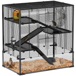 PAWSTER 4 Tiers Hamster Cage with Deep Tempered Glass Bottom, Hut, Running Wheel, Food Dish, Water Bottle, 78.5 x 48.5 x 80cm