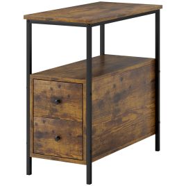 Side Table with 2 Drawers and Storage Shelf, Narrow End Table Bedside Table with Metal Frame for Small Spaces, Rustic Brown