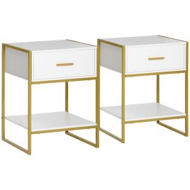 Bedside Table - 2 Pieces Nightstand White with Gold 40cm