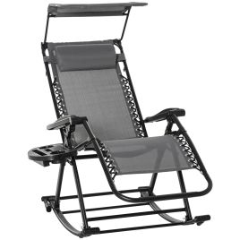 Garden Rocking Chair Folding Recliner Outdoor Adjustable Sun Lounger Rocker Zero-Gravity Seat with Headrest Side Holder Patio Deck - Grey