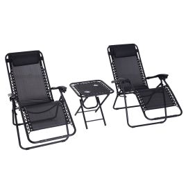 3pcs Folding Zero Gravity Chairs Sun Lounger Table Set w/ Cup Holders Reclining Garden Yard Pool, Black