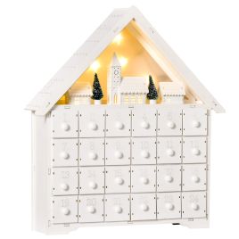 Debbie Christmas Advent Calendar, Light Up Table Xmas Wooden House Holiday Decoration with Countdown Drawer, Village - White