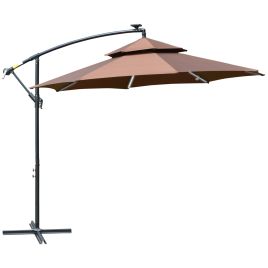 3M Cantilever Parasol Banana Hanging Umbrella with Double Roof, LED Solar lights, Crank, 8 Sturdy Ribs and Cross Base for Outdoor, Coffee