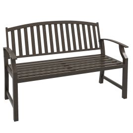 Garden Bench, Outdoor Metal Bench with Slatted Seat and Backrest, Curved Armrest, for Conservatory, Garden, Poolside, Deck, Brown