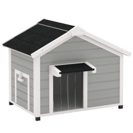 PAWSTER Wooden Dog House Outdoor with Openable Roof, Removable Floor, Curtain, Elevated Feet, for Medium Dogs, Light Grey