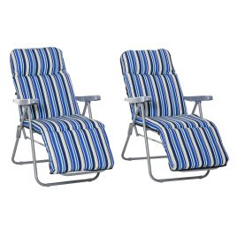 Set of 2 Garden Sun Lounger Outdoor Reclining Seat Cushioned Seat Foldable Adjustable Recliner Blue and White