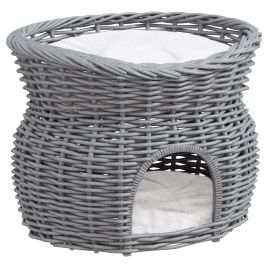 2-Tier Wicker Cat House Elevated Pet Bed Basket Willow Kitten Tower Pet Den. with Washable Cushions 56x37x40cm Grey