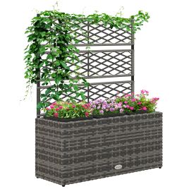 33L Garden PE Rattan Planter w/ Trellis, Free Standing Flower Raised Bed, Garden Planter for Climbing Plants, 84 x 30 x 107cm, Light Grey